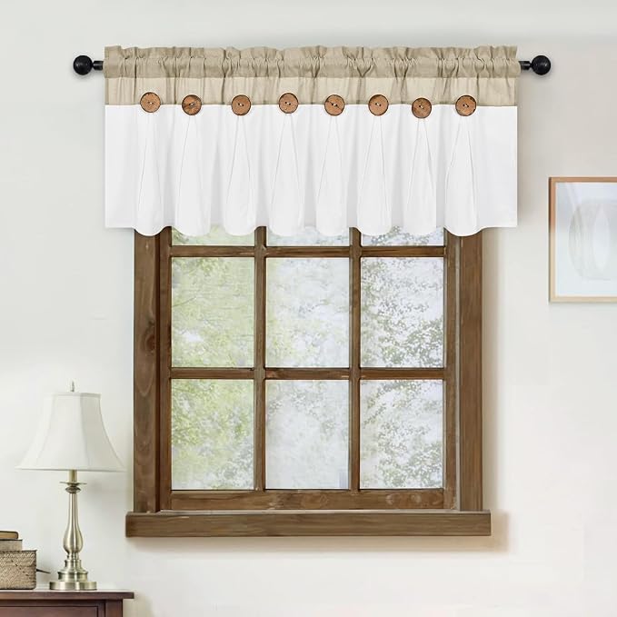 Farmhouse Valance Curtains, Boho Cotton Linen Kitchen Valance, Rustic Button - Image 3