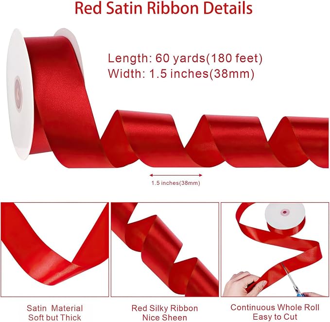 woric Red Satin Ribbon 1.5 Inch 60 Yards - Image 2