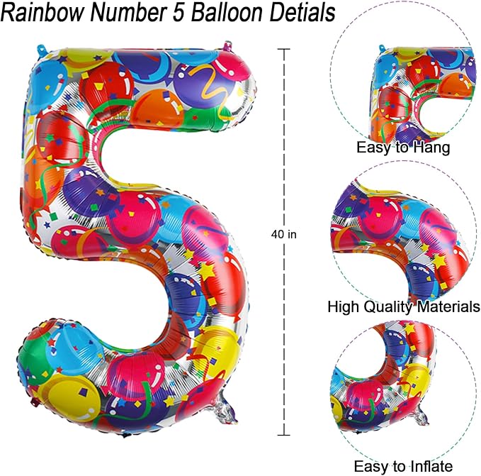 Rainbow Number 5 Balloon, 40 Inch Mylar Foil Balloons - Image 4