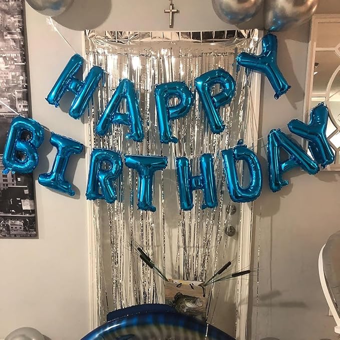 Blue Happy Birthday Balloon Banner, 16 Inch Foil Mylar Happy Birthday Balloons - Image 4