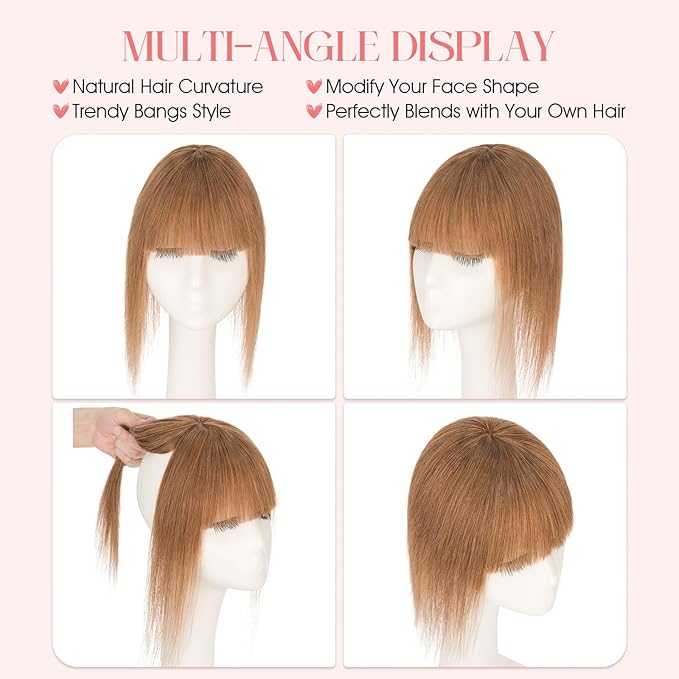 Hairro Mono Hair Toppers with Bangs, 3.4" x 3.4" Mono Base 100% Real Human Hairpieces for Women, 150% Density Clips In Topper for Greyish Thinning Hair, 20 Inch Blondish Brown