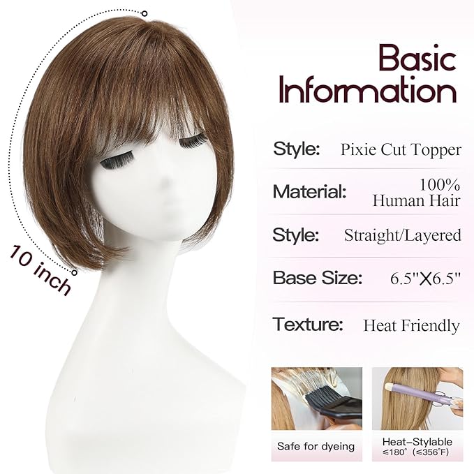 EMMOR Human Hair Toppers for Women Short Bob Real Hair with Bangs 10" Side Part Hairpieces for Women with Thin Hair 6.5" × 6.5" Larger Base Human Wig Toppers(Brown)