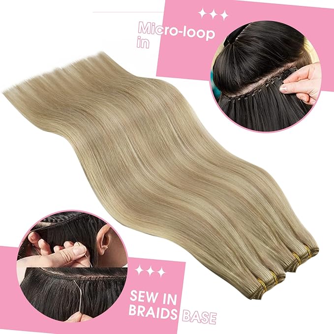 YoungSee 100G Weft Hair Extensions Human Hair Short Hair Weft Extensions Golden Blonde Highlighted Light Blonde Sew in Hair Extensions Real Human Hair for Short Hair 14Inch