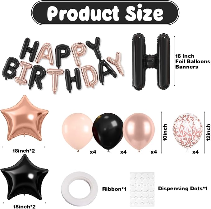 29PC Black Rose Gold Happy Birthday Balloon Banner, 16 Inch 3D Aluminum Letter - Image 2