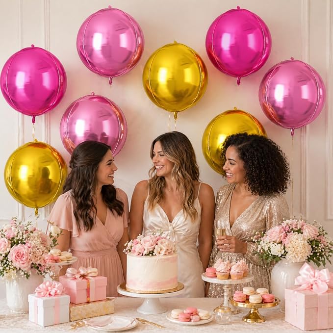 Pink Gold Round Foil Balloons 9 pcs, Metallic Giant 4D Round Balloons 22 Inch - Image 4