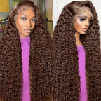 32 Inch Chocolate Brown Deep Wave Lace Front Wigs Human Hair Pre Plucked 200% Density 13x6 HD Lace Frontal Wigs with Baby Hair Deep Curly Wet and Wavy Glueless Wigs for Women (4# Brown, 32 Inch)