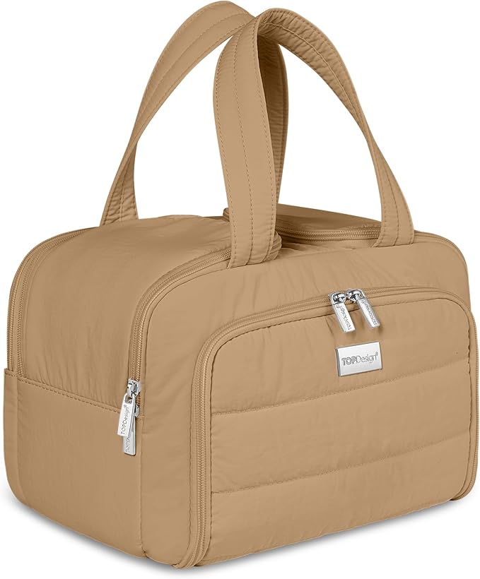 TOPDesign Travel Toiletry Bag for Women, Puffer Large Toiletry Bag, Lightweight Cosmetic Makeup Organizer with Handle for Traveling, Accessories, Essentials, Toiletries (Khaki)