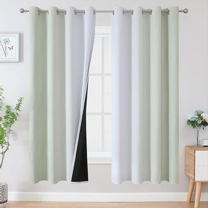 Sage Green and Greyish White Blackout Curtains 72 Inch Length 2 Panels Set by ESTELARTEXTILER