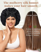 AWAYTR Silk Bonnet for Sleeping Women 100% Mulberry Silk Bonnet with Band 2 Layer Reversible Hair Bonnet Sleeping Hair Wrap (Leopard/Black)