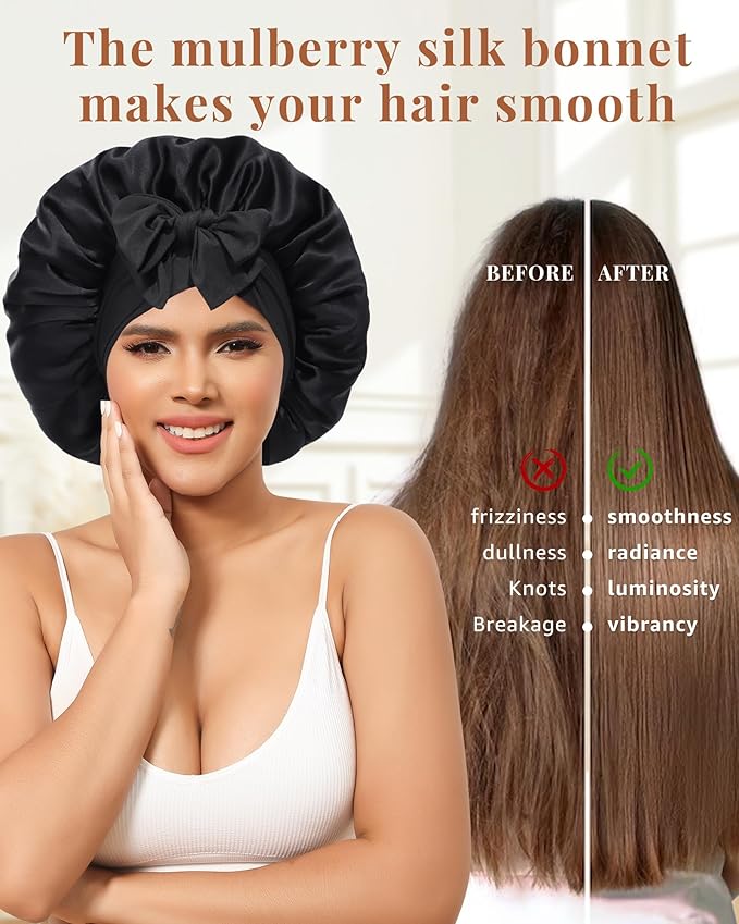 AWAYTR Silk Bonnet for Sleeping Women 100% Mulberry Silk Bonnet with Band 2 Layer Reversible Hair Bonnet Sleeping Hair Wrap (Stars/Black)