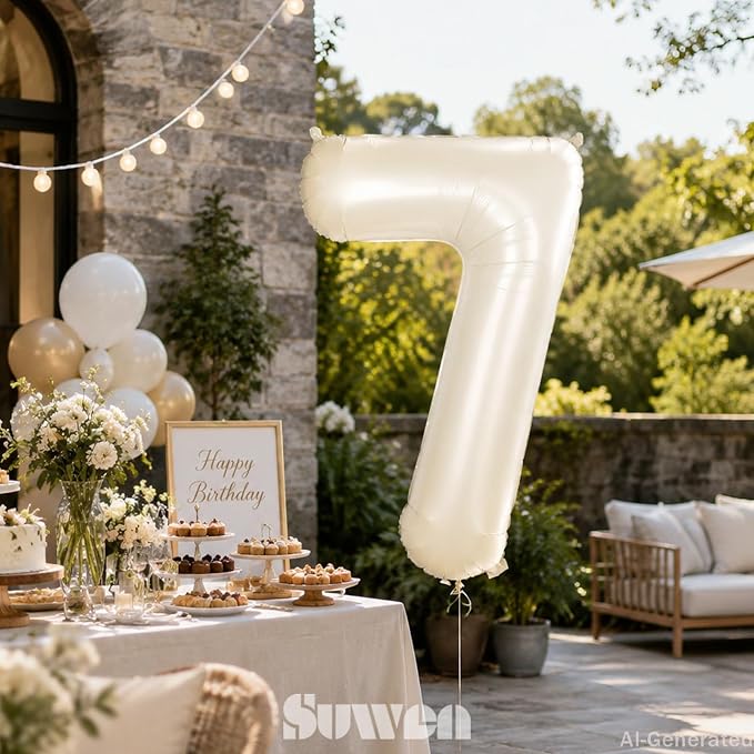 SUWEN 40 Inch Cream White Large 7 Balloon Numbers Big Foil Helium 0-9 | Jumbo - Image 2