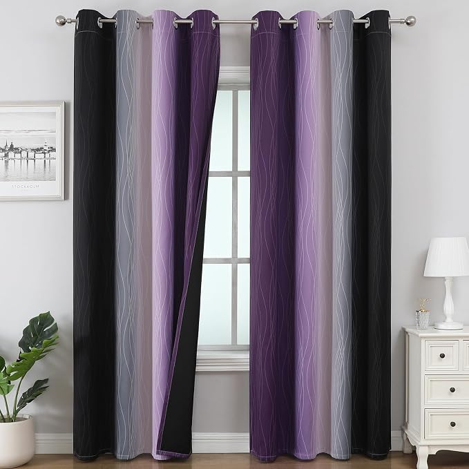 Purple and Black Ombre Blackout Curtains 102 Inches Long 2 Panels Set, Thermal by ESTELARTEXTILER