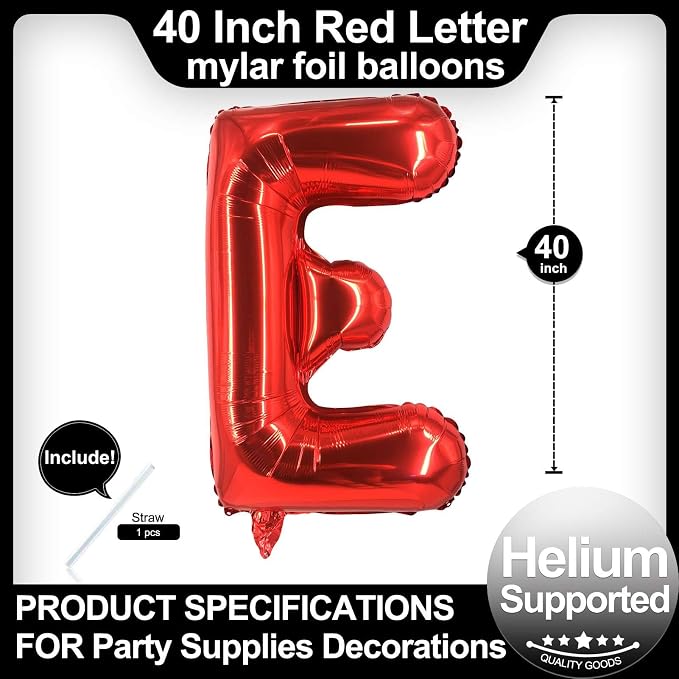 40 Inch Red Letter E Balloons, DIY Phrase Foil Alphabet Letter E Balloons DIY - Image 2