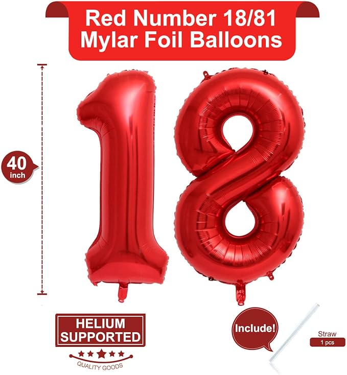 40 Inch Red 18 Number Balloons Giant 18 Balloons Red Birthday 18 Balloons 18th - Image 2