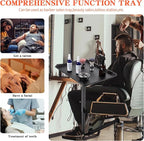 Modern Salon Chair Tray, 360 Rotatable Metal, Black, Depth: 17.7 inches, Width: 28.3 inches, Height: 23.6 inches, Adjustable Height, Foldable Arm Rest, Hair Styling, Beauty Services