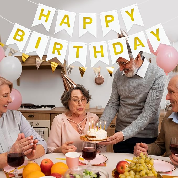 White and Gold Happy Birthday Banner Sign - Image 4