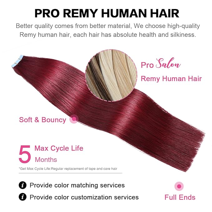 SUYYA Tape in Hair Extensions Human Hair Wine Red 14 inch 100% Remy Human Hair 40g/pack 20pcs Straight Seamless Skin Weft Tape Hair Extensions 99j (14 inches #Burgundy)