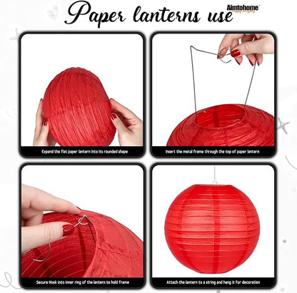 10 Pcs Paper Lanterns Decor, 8 & 10 Inch Hanging Round Lanterns in Red Black - Image 4