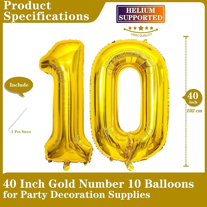 Gold 10 Number Balloons, 40 Inch Giant Number 10 Balloons Foil Mylar Helium - Image 2