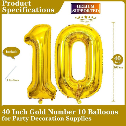 Gold 10 Number Balloons, 40 Inch Giant Number 10 Balloons Foil Mylar Helium - Image 2