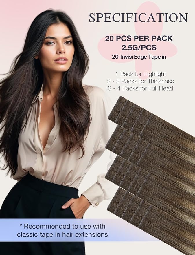 DOORES Invisi Edge Tape in Hair Extensions, Chocolate Brown to Honey Blonde 10 Injection Tape-ins with 10 Injection Tape-ins 50g 20 Inch,Invisible Injected Tape in Extensions