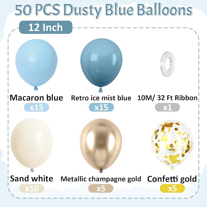 Paready Dusty Blue Balloons, Baby Shower Balloon, 12 Inch Sand White Retro Ice - Image 2