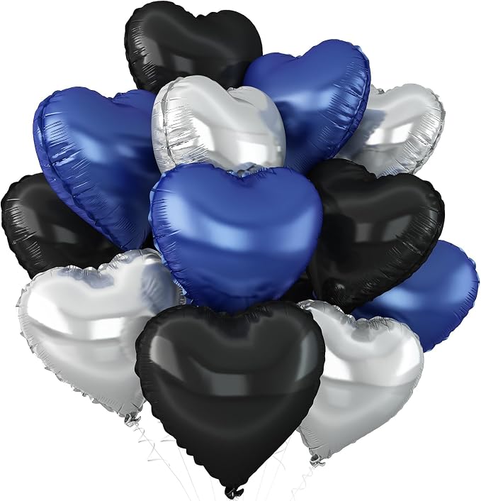 Black Blue Silver Heart Balloons, 18Inch Blue Silver Helium Balloon by Adorely