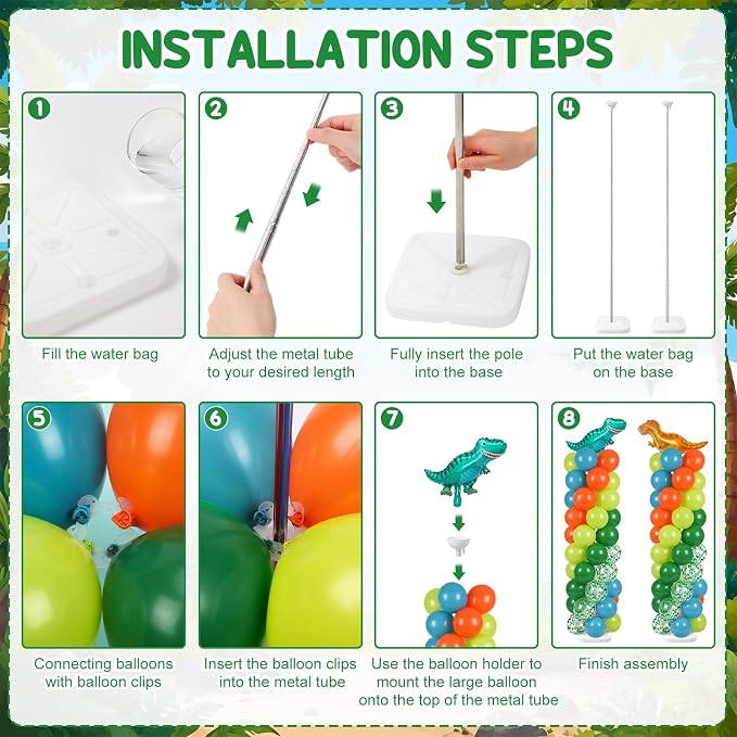 Skylety 2 Sets Dinosaur Balloon Column Stand Kit Adjustable Dino Green Orange - Image 3