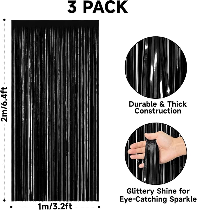 jijAcraft Black Tinsel Foil Fringe Curtain, 3 Pack 3.2x6.5 Feet Metallic Black - Image 2