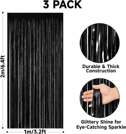 jijAcraft Black Tinsel Foil Fringe Curtain, 3 Pack 3.2x6.5 Feet Metallic Black - Image 2