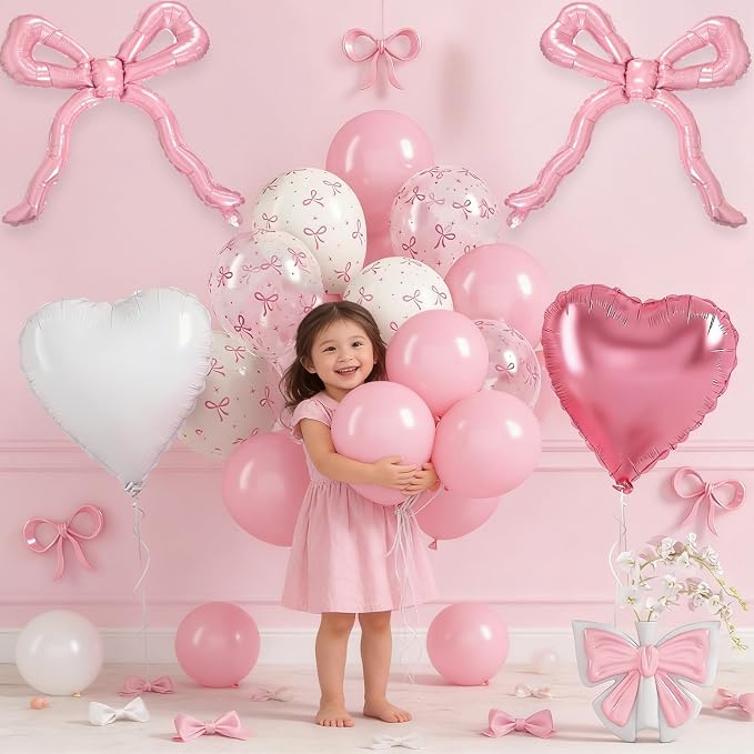 Pink Bow Balloons, Light Pastel Pink White Bow Print Balloons - Image 4