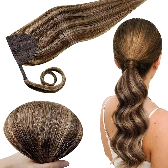 RUNATURE Real Hair Ponytail Extension, Clip in Ponytail Extension Human Hair with Magic Paste, Straight Soft Remy Human Hair Pony Tail, 16 Inch 80g #3P12 Walnut Brown Highlight Caramel Blonde