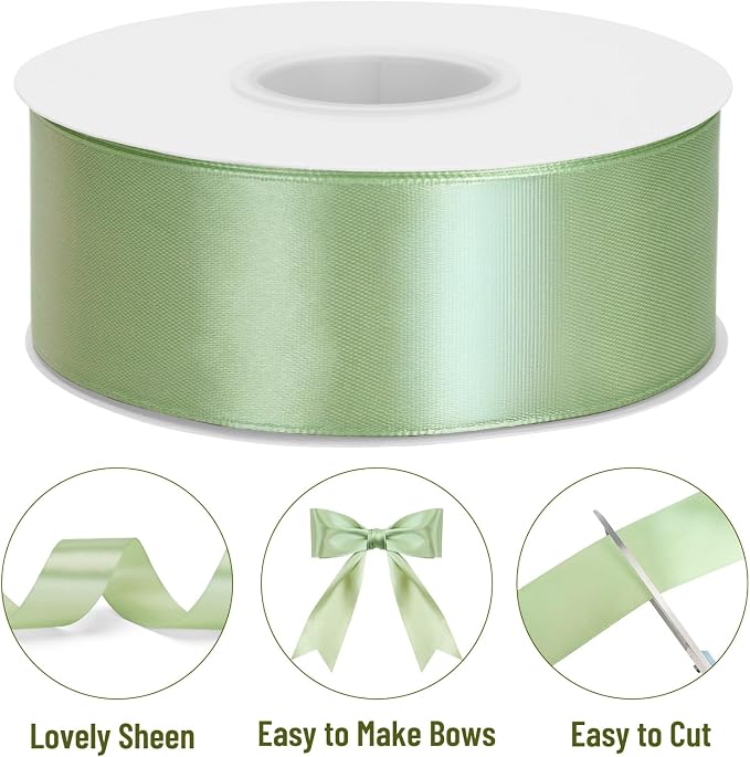 KINGLAKE Sage Green Satin Ribbon – 1-1/2 Inch x 2 Rolls Light Green Ribbon - Image 3