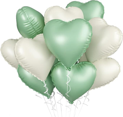 Sage Green White Heart Balloons, 18inch Olive Green Cream White Heart Shape by BIAPIAN