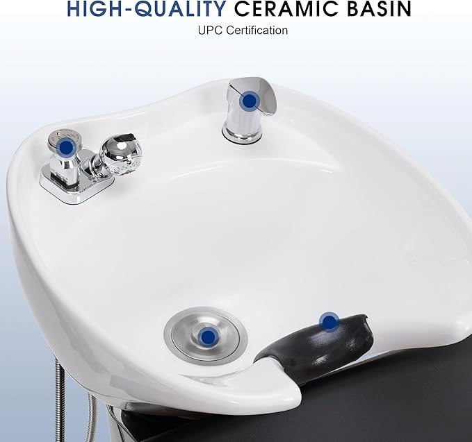 BarberPub Backwash Shampoo Chair and Bowl Set, Adjustable Porcelain Ceramic Hair Wash Bowl Sink Unit, Shampoo Station Chair for Spa Beauty Salon Hair Salon Equipment 9370 (Black&White Bowl)