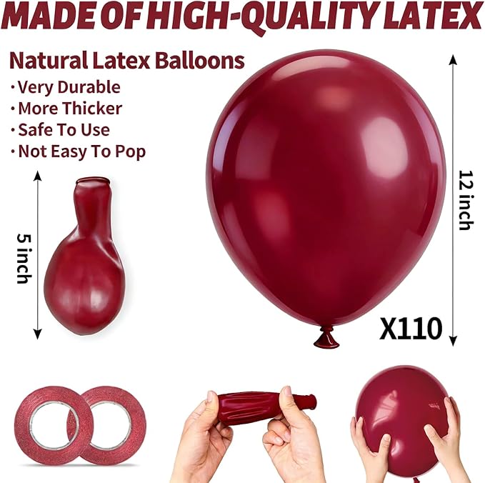 110pcs Burgundy Red Balloon 12 Inch, Burgundy Red Latex Balloons - Image 3
