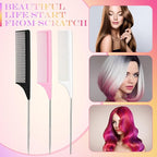 Leinuosen 3 Packs Rat Tail Comb Steel Pin Rat Tail Carbon Fiber Heat Resistant Teasing Combs with Stainless Steel Pintail (Black, Pink, White)