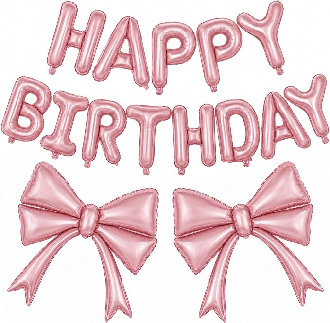 Pink Bow Happy Birthday Balloons Banner, 22 Inch Baby Pink Bow Foil Balloons by Togvu