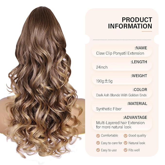 24 Inch Ponytail Extension, Layered Ponytail Extensions for Women, Soft Wavy Claw Clip in Ponytail Extension, Natural Synthetic Hair Pieces for Women (Color: Light Brown With Golden Ends)