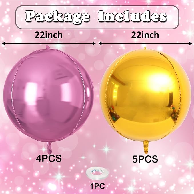 9 Pcs Pink Gold Round Foil Balloons Baby Light Pink Metallic Gold Chrome 4D - Image 2