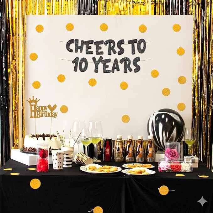 Pre-Strung Cheers to 10 Years Black Glitter Banner - Image 6