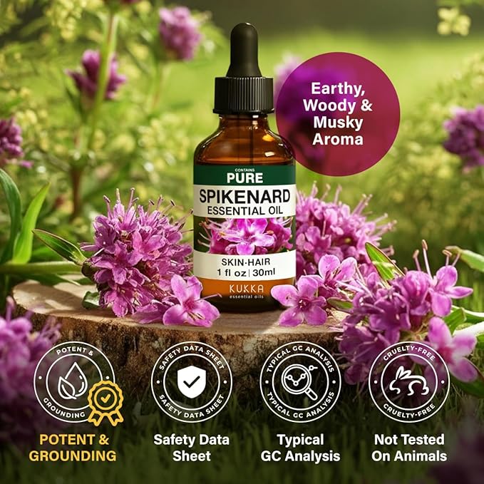 KUKKA Spikenard Essential Oils - 1 Fl Oz - for Hair, Skin, Diffuser, Aromatherapy & DIY Soap Making Scent