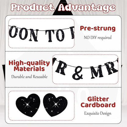 Soon To Be Mr & Mrs Sign, Bridal Shower Banner, Pre-Strung Black Glitter - Image 3