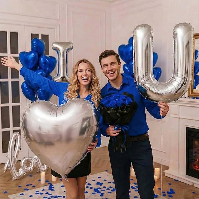 I Love You Romantic Balloon Kit Royal Blue & Silver Heart Mylar Balloons - Image 4