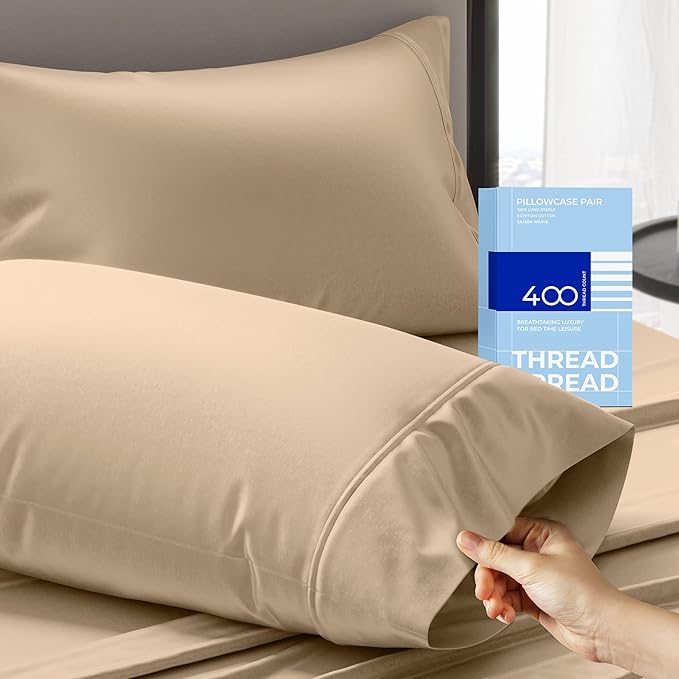 THREAD SPREAD 100% Cotton Pillowcases Standard/Queen Size Set of 2-400 Thread Count Cotton Pillowcases, Ultra Soft Cooling Sateen Weave Pillow Cases for Sleeping, Set of 2 Pillow Covers (Taupe)