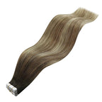 YoungSee Tape in Extensions Balayage Tape in Hair Extensions Human Hair Ombre Dark Brown to Brown with Blonde Tapes on Hair Extension 20pcs Real Hair 22In Long Hair Extension 50g for Parties