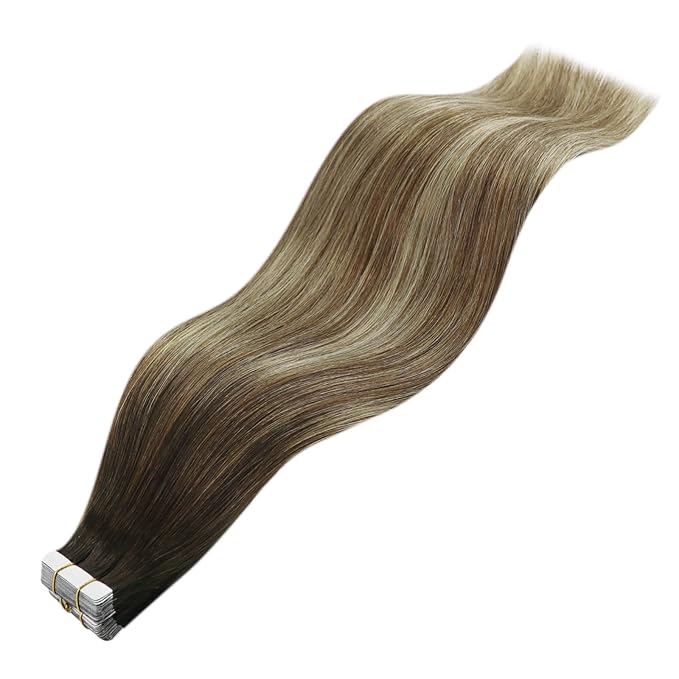 YoungSee Tape in Extensions Human Hair Balayage Hair Extensions Tape in Brown Ombre Medium Brown with Blonde Tape in Hair Extensions 20pcs Human Hair Tape-in Extension 20 Inches 50g