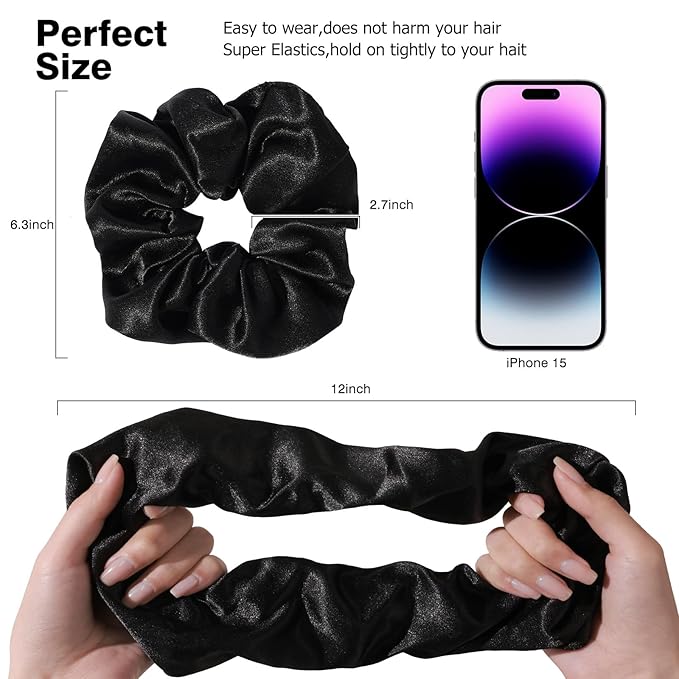 4PCS Black Satin Silk Scrunchies for Women, 6.3Inches Extra Large Hair Scrunchy Oversized Thick Elastic Hair Ties Hair Bands Ponytail Holders Jumbo Hair Scrunchies