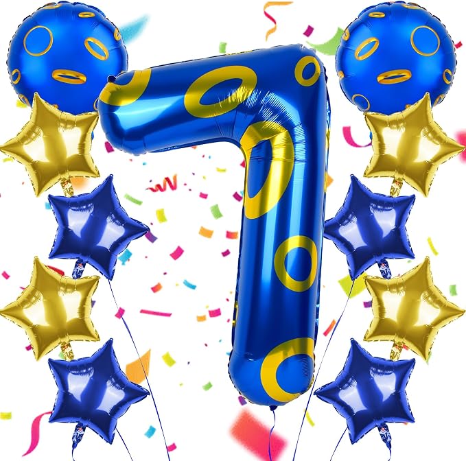 40 Inch Blue and Golden Ring Themed Number Balloon, Number Block Foil Number 7 by AXBMM