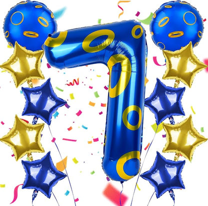 40 Inch Blue and Golden Ring Themed Number Balloon, Number Block Foil Number 7 by AXBMM